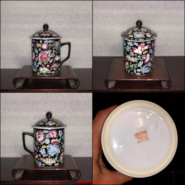 Rare Chinese PRC ZhongGuo JingdeZhen Famille Noire Porcelain Coffee Mug Tea Cup