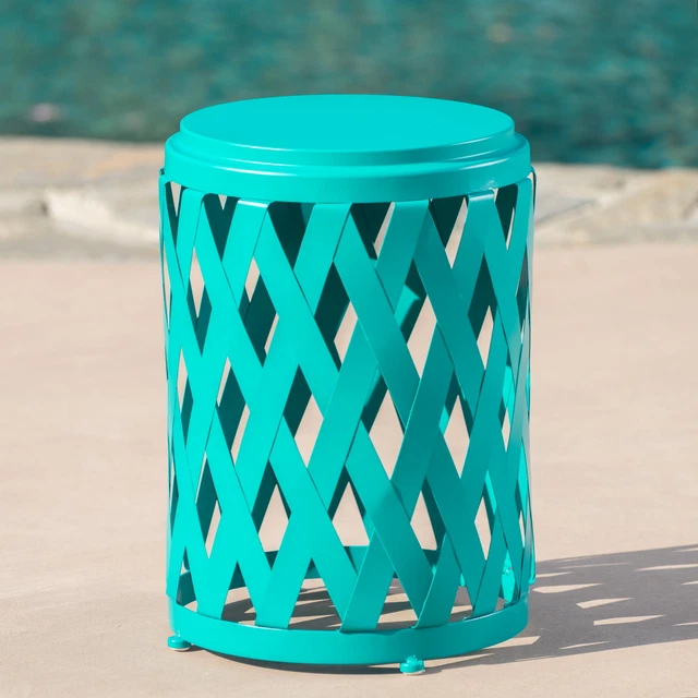 Aubriella Outdoor 12 Inch Diameter Iron Side Table, Matte Teal.
