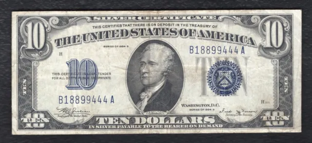 Fr. 1703 1934-B $10 Ten Dollars Silver Certificate Note “Key Series B” Very Fine