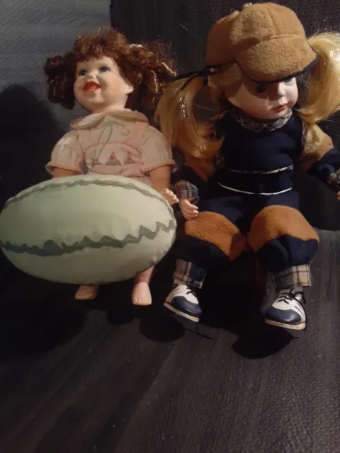 Beckys Watermelon & Jamie The Tom Boy Dolls Sitting On A Bench heritage doll