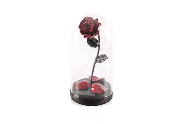 Eternal Rose of Wrought Iron Beauty and the Beast with fallen petals and glas...