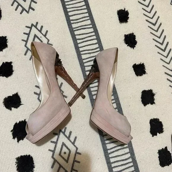 Casadei Crystal Dusty Pink Suede Open Peep Toe High Heels Shoes Pumps Us 6.5