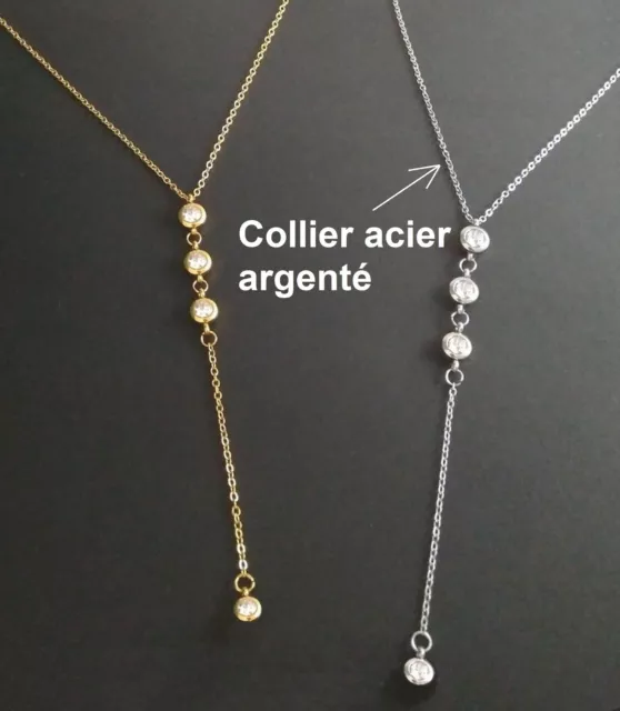 Sautoir,collier femme fin argenté pendentif en"Y"acier inoxydable boules+pierres