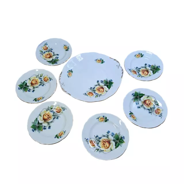 Vintage Royal Imperial Side Plates Set x7 Bone China Yellow Rose Flower Pattern