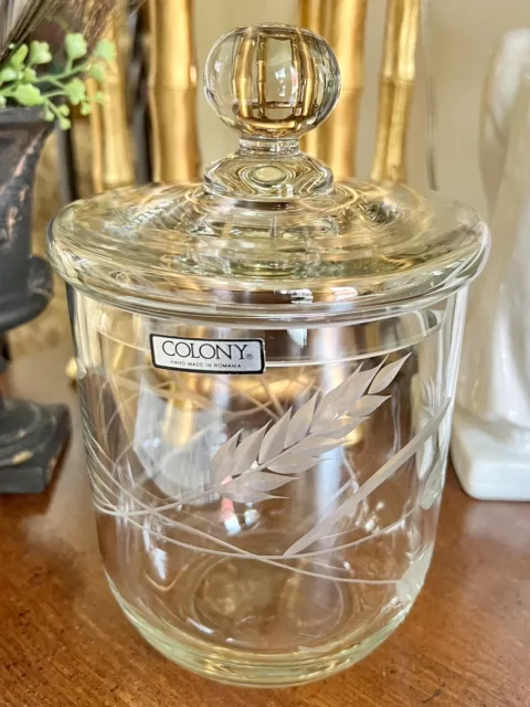 Colony Glass Wheat Etched Clear Glass Biscuit Barrel Cookie Candy Jar With Lid
