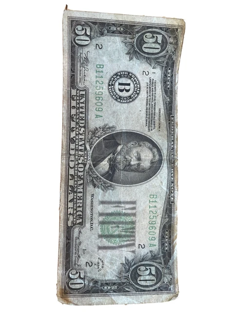 1934 $50 Dollar Bill Federal Reserve Note B New York Lime Green Seal Collectible