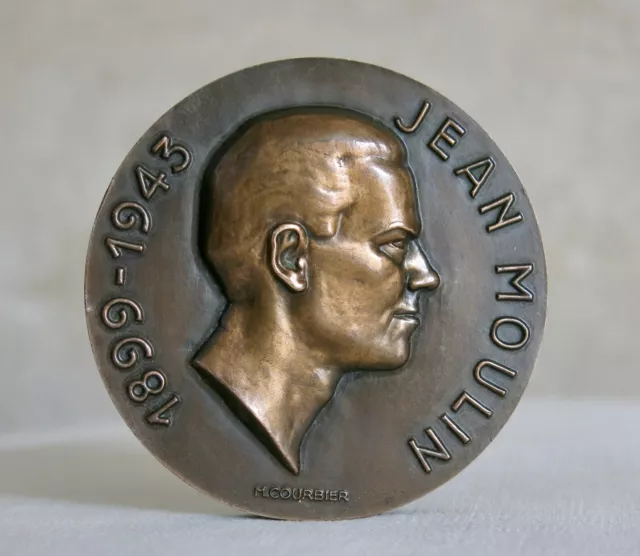 JEAN MOULIN, belle médaille ancienne en bronze, par Courbier, résistance, 1976