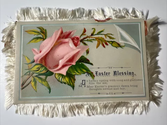 antique GLAD EASTER BLESSING 1880s Victorian SILK FRINGED die cut Card Floral