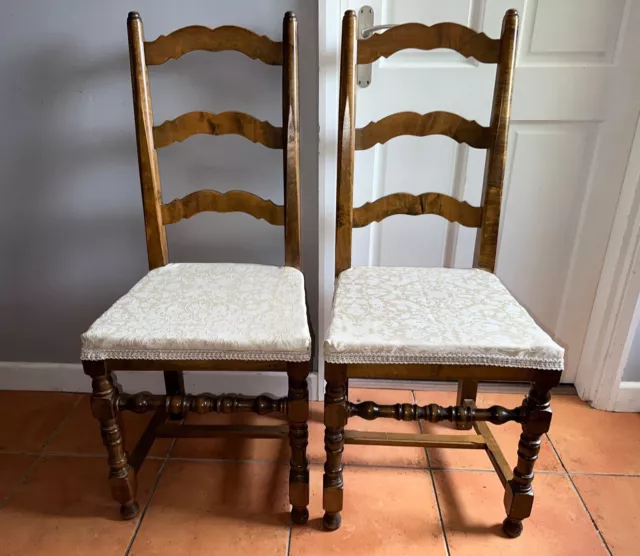 Pair of Early 20th Century Walnut Ladder Back Dining Room Chairs