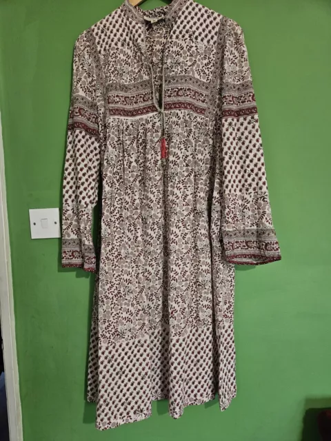 Vintage 1970s Indian Cotton Print Dress Deep Red Print Bead Tassel Sz M