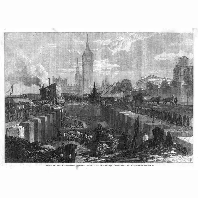 LONDON Metropolitan District Railway Works at Westminster - Antique Print 1869