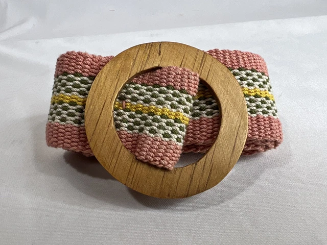 Vintage Canvas Wide Petite Belt Womens 2" Woven Pink/Green/Yellow Wooden Buckle