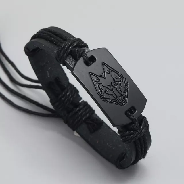 NEW Mens Leather Wolf Head Woven Bracelet Wristband For Men Black