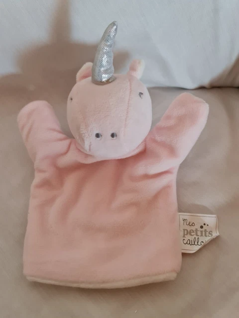 DOUDOU MARIONNETTE LICORNE MES PETITS CAILLOUX ROSE MOUCHOIR BLANC Etat Neuf