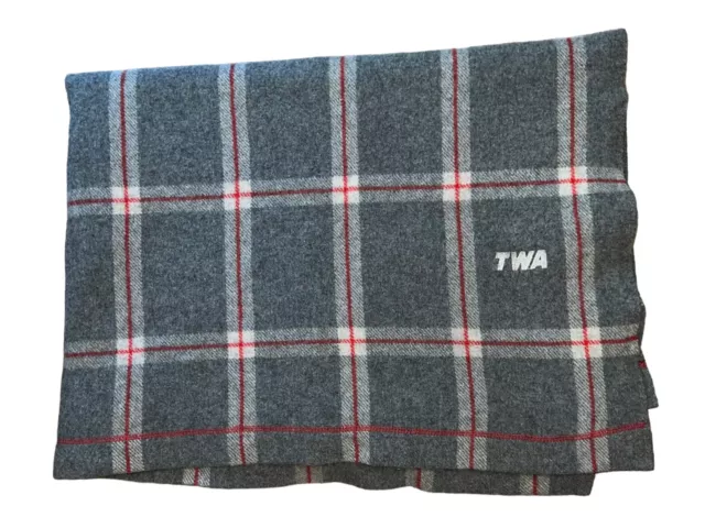 Vintage TWA Lambs Wool Throw Blanket 44 x 65” Plaid Gray Red Made In England