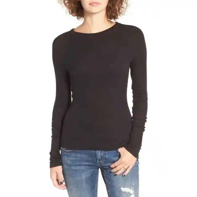 BP. Womens Ribbed Long Sleeve Crew Neck Tee Size XS Black Top Viscose Blend NWT