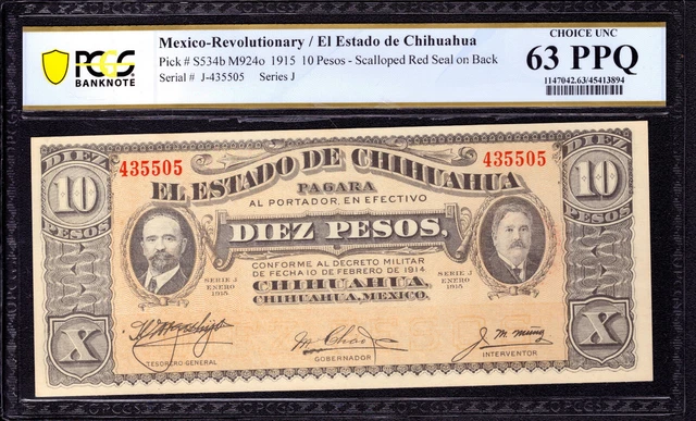 1915 EL ESTADO DE CHIHUAHUA 10 PESOS MEXICO REVOLUTIONARY P-S534b PCGS CU 63 PPQ