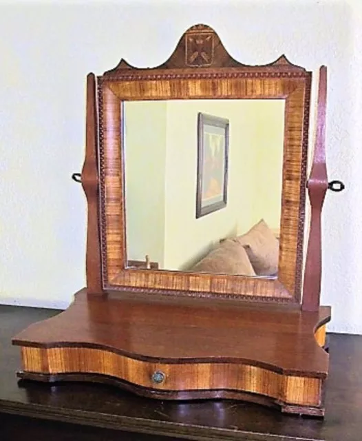 Antique Large 19th C 23" Inlaid Oak Mahogany Shaving Mirror Vanity Dresser Chest