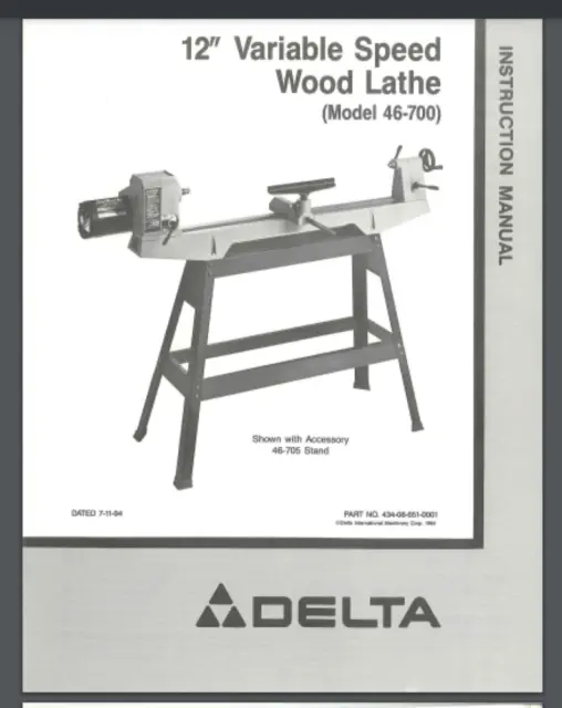 Delta 46-700 12x36 VS Wood Lathe & 46-705 Stand owner manual 34 pages 1994
