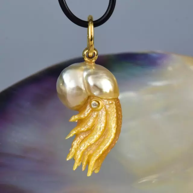 Nautilus Pendant South Sea Pearl Carved Mother-of-Pearl Sterling Diamond 8.04 g