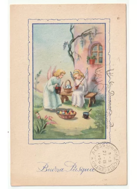 1956 angeli cesto uova pasquali colorate cartolina augurale Buona Pasqua