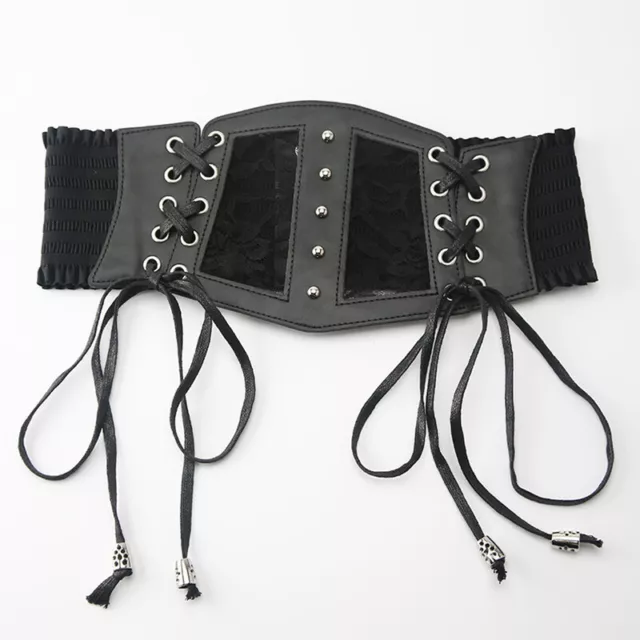 Tied PU Leather Lace Cummerbunds Body Slimming Wide Waist Belt Solid Punk W 2