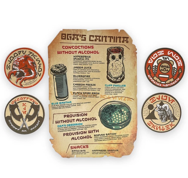 Star Wars Ogas Cantina Bar Menu Galaxys Edge New Mint + 4 Coasters Disney Tiki