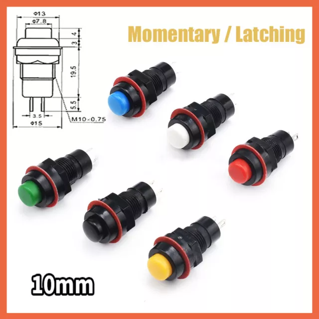 10mm Round Push Button Momentary Latching Switch 2 Pin Red Yellow Blue White