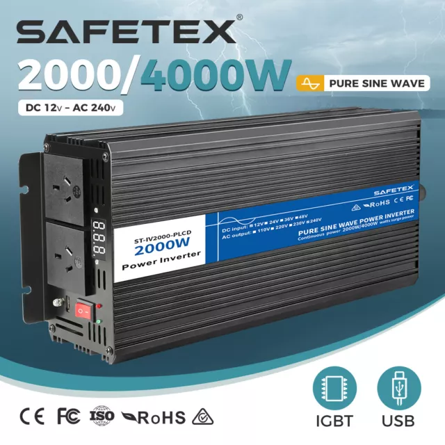 Safetex Pure Sine Wave Power Inverter 12V/240V 2000/4000W Caravan Boat Car USB