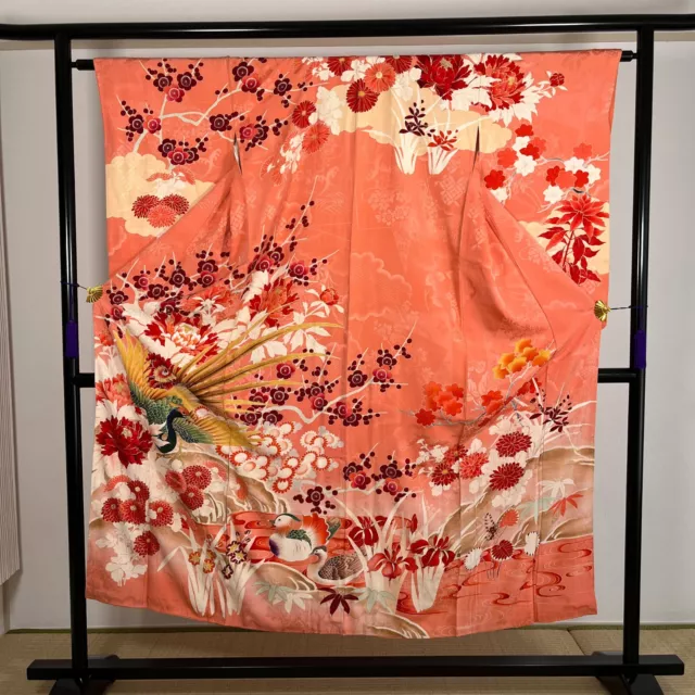 K3016115 Antique Japanese Kimono Silk Homongi Pink Embroidery