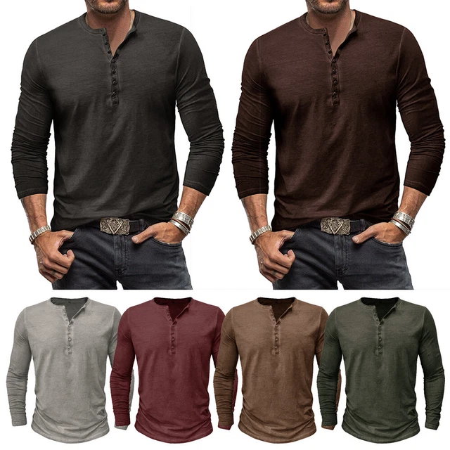 Camicie Casual Da Uomo Henley T-Shirt Da Nonno Tinta Unita A Maniche Lunghe ♪