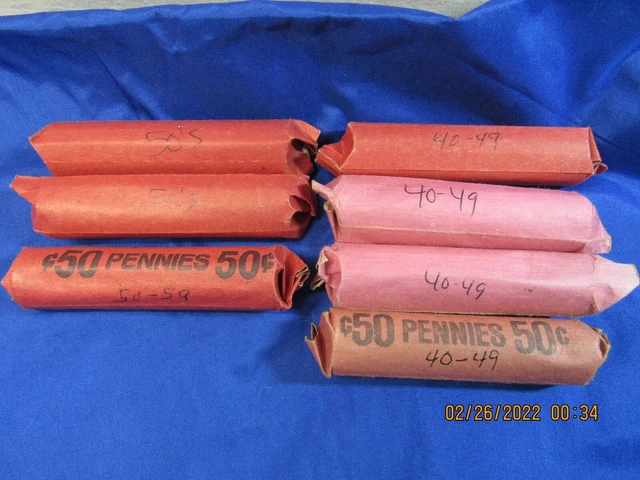 Seven Rolls of Wheat Pennies Four Rolls 1940's;  Three Rolls 1950's