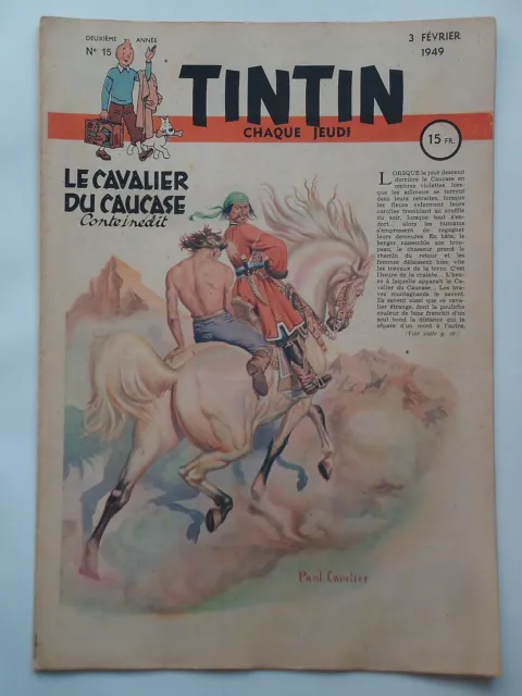 JOURNAL TINTIN n° 15  COUVERTURE DE CUVELIER  03/02/1949