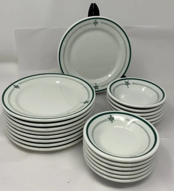 Lot Shenango China 21 Restaurant Ware Masonic Logo Bowls Plates Green Stripe