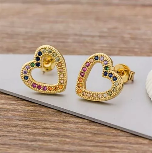 14K Gold Plated Rainbow CZ Cubic Zirconia Open Heart Stud Earrings Women Girls 2