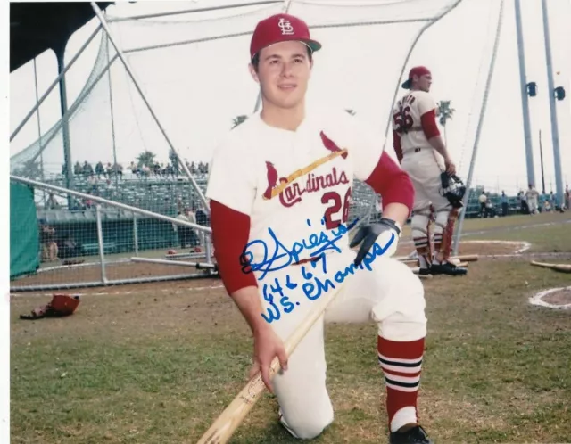 ED SPIEZIO  ST. LOUIS CARDINALS  1964 & 67 WS CHAMPS  ACTION SIGNED 8x10