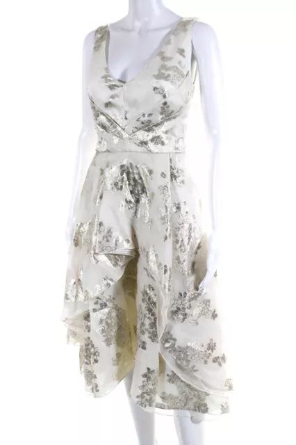 Lela Rose Womens Silk Organza Metallic V-Neck A-Line Cocktail Dress White Size 4 2