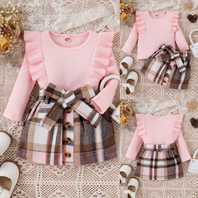 2PCS Kids Baby Girls Ruffle Tops+Plaid Skirts Set Toddler Party Clothes Outfits