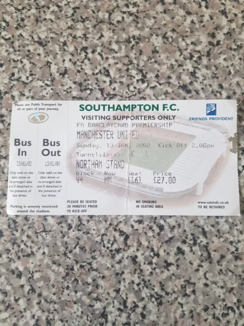 MATCH TICKET PREMIER LEAGUE SOUTHAMPTON V MAN UTD 13 gennaio 2002