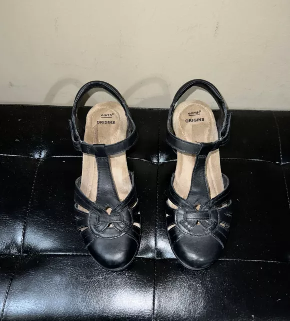 Earth Origins Alpaca Women's Ankle Black Leather Heels Sandals Clogs Size 8