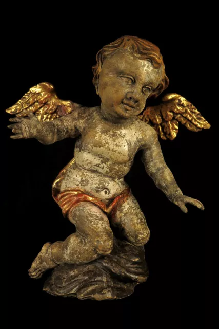 Ancien Putto, Angelot en bois sculpté polychrome / Italie XXeme siècle