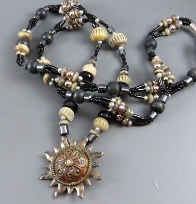 MARY DEMARCO Gorgeous BEADED NECKLACE Black Silver CARVED BEADS Sunburst Pendant