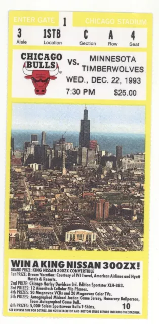 Minnesota T-Wolves Chicago Bulls 12/22/93 Ticket Stub Scottie Pippen 26 Rider 25