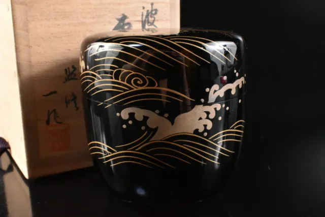 M2345: Japanese Wooden Lacquer ware TEA CADDY Natsume Iccho made w/signed box