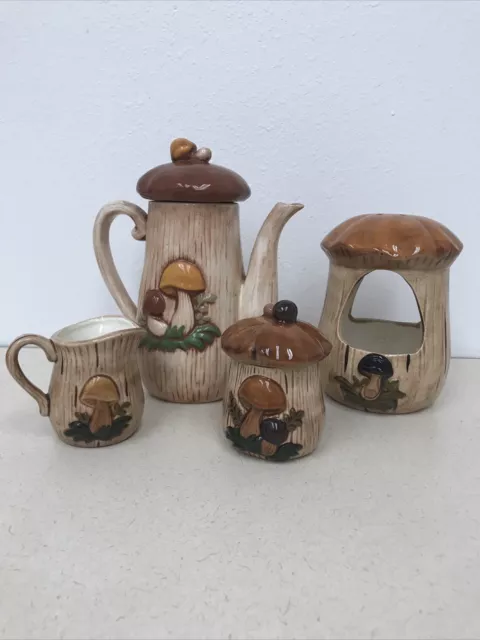 Vintage Mushroom Rare Hand Painted Teapot Tea Pitcher Sugar Creamer Candle USA
