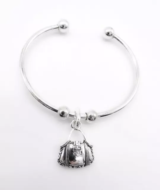 GORGEOUS Silver BAG PURSE Charm Double Beads Ball Ends Cuff Bracelet