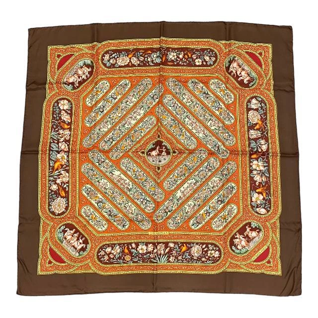 Hermes Scarf Carre 90 Qalamdan Floral Silk 100 Box Brown Multi 22M Women 35x35in