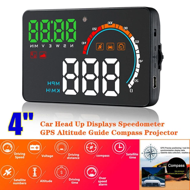 4" HD HUD Car Head Up Displays Speedometer GPS Altitude Guide Compass Projector