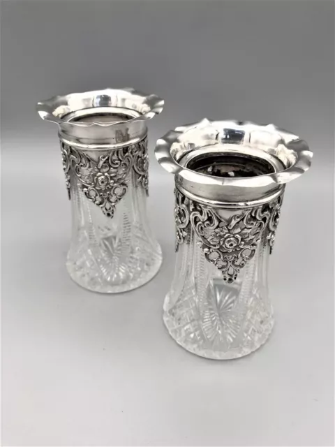 Pair Of Victorian Silver Mounted Cut Glass Vases, James Deakin, Birmingham, 1900