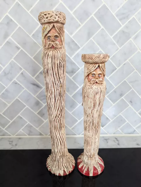 Vintage Set Of 2 Tall Santa Candlesticks 11" And 9" Wood World Inc Handcrafted